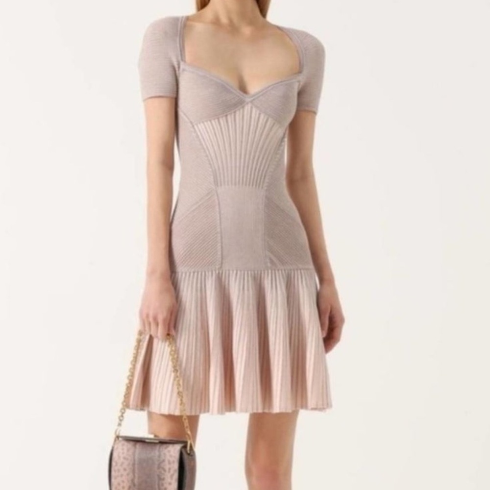 Alexander McQueen Corset Pink Pearl Metallic Knit Sweetheart Neckline Dress